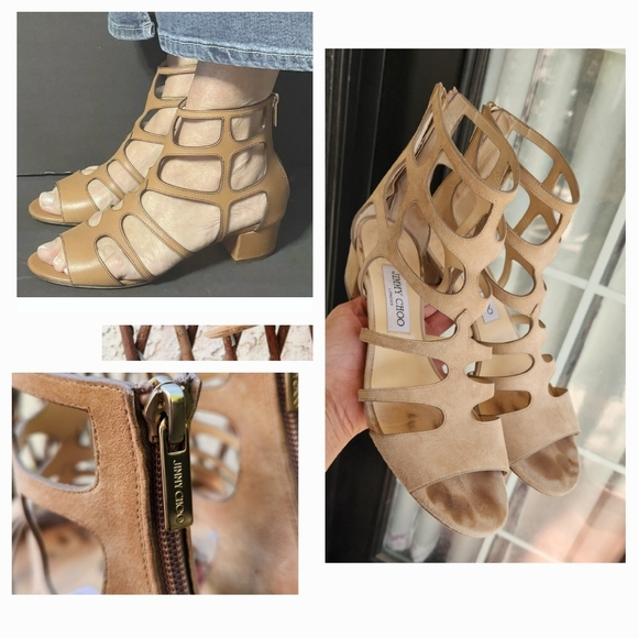 Jimmy ChooJimmy Choo‎ Beige Suede Caged Block Heel Sandals - Picture 1 of 3